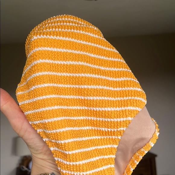 SHADE & SHORE Yellow White Striped crinkle highwaisted Bikini cheeky Bottom M - Picture 2 of 4